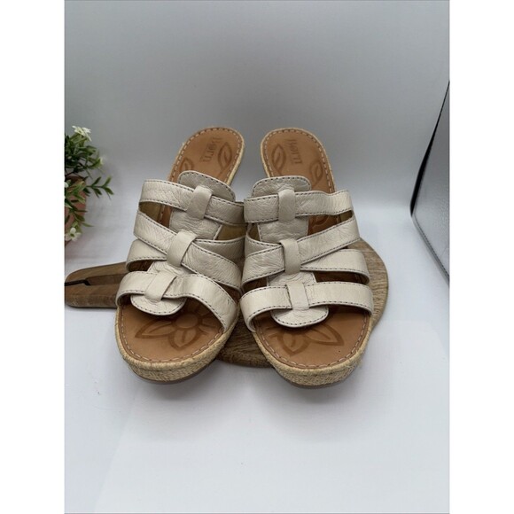 Born Sandals Tan Leather Woven Wedge Block Heel Slip-on Cross Strap Women Sz 9 - Picture 1 of 13